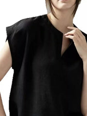 Black cap sleeve shirt with notched neckline and relaxed fit.