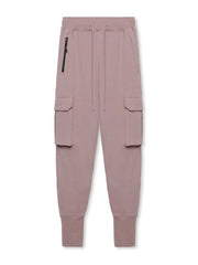 Dusty pink tech-knit cargo joggers with zip pocket and elastic cuffs