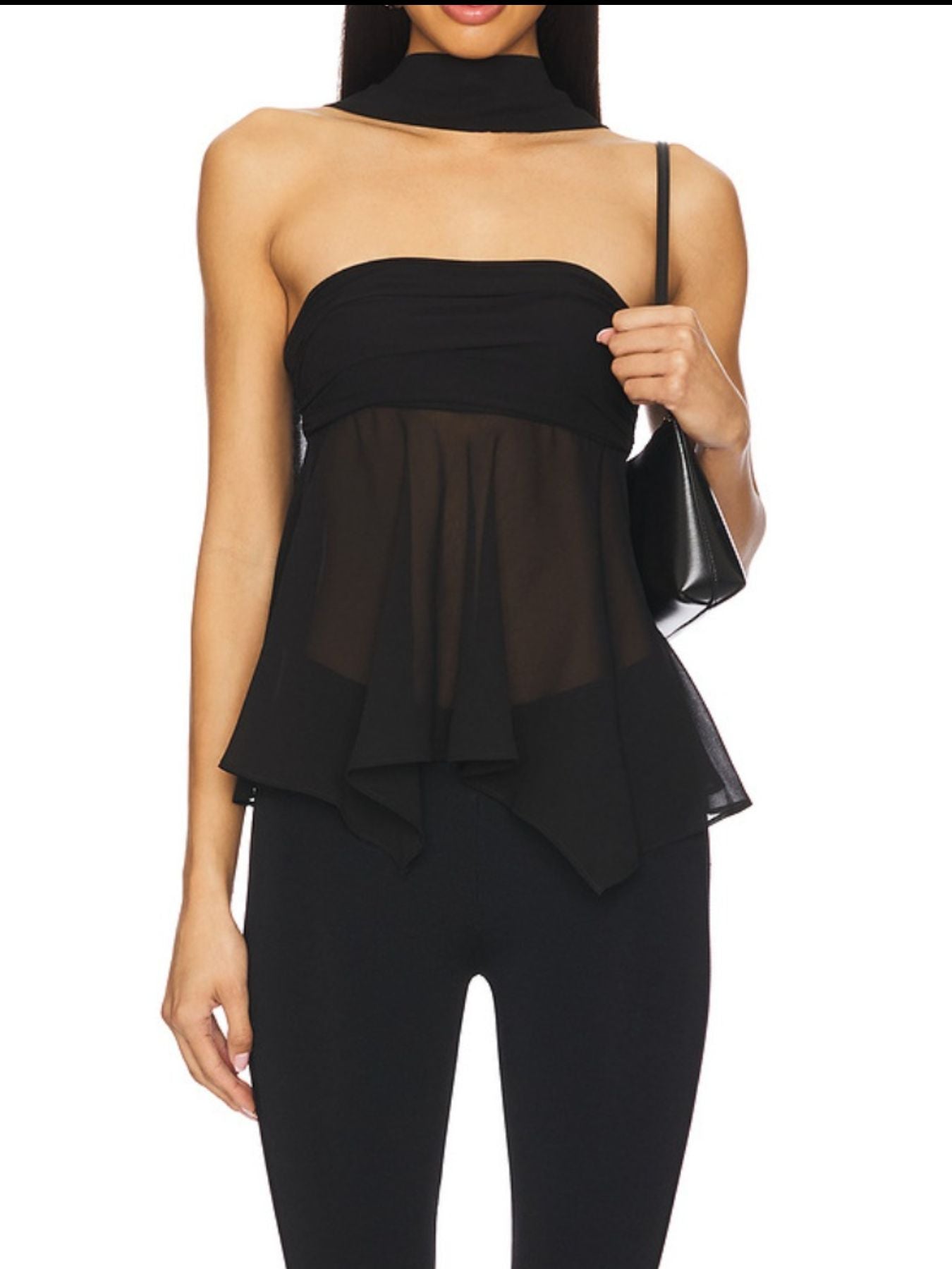 Black asymmetrical sheer top with elegant scarf detail, strapless bodice.
