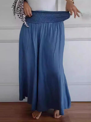 Dusty blue flow trousers with smocked waistline and wide leg