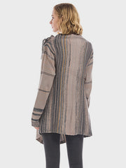 Asymmetric fringe stripe cardigan in ochre and dark gray acrylic with a relaxed fit.