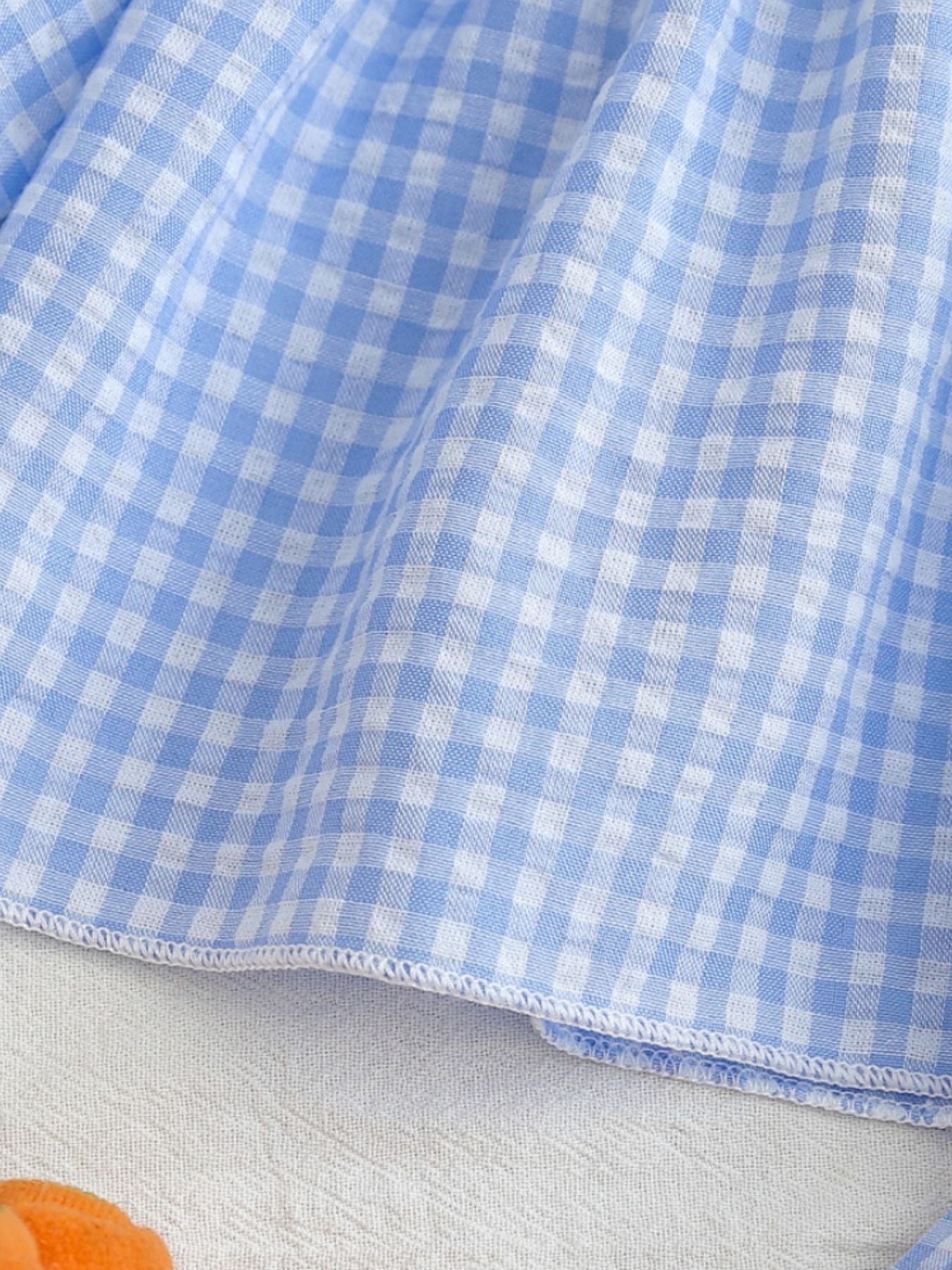 Baby set with blue and white gingham pattern and carrot embroidery detail.