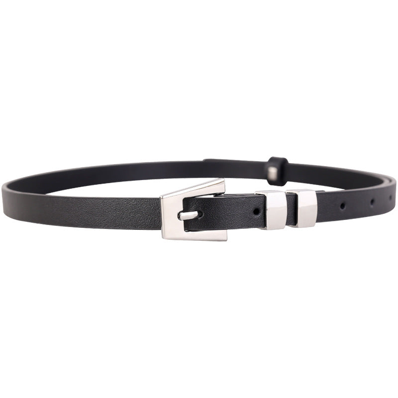 Black cowhide leather belt with silver buckle detail