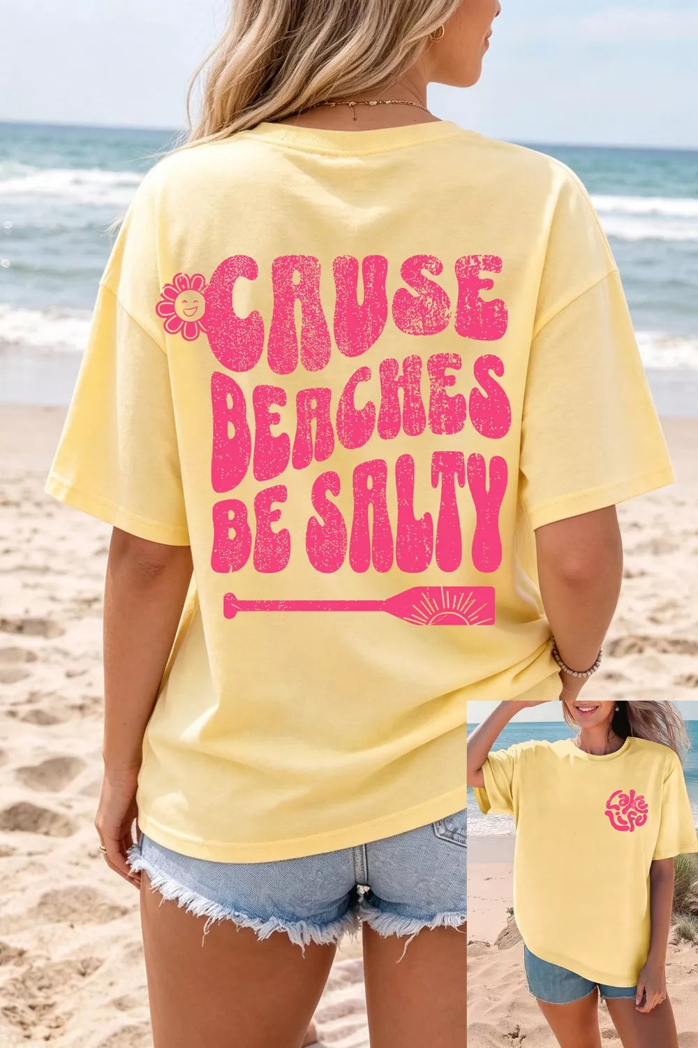 Yellow polyester t-shirt with distressed pink graphic print on back and small graphic on front.
