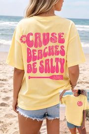 Yellow polyester t-shirt with distressed pink graphic print on back and small graphic on front.
