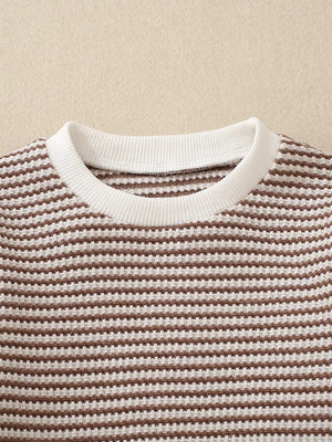 Baby knit set with brown and white stripes and crew neck.