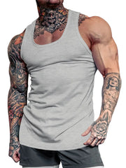 Gray performance fit scoop neck tank top with a relaxed cut.