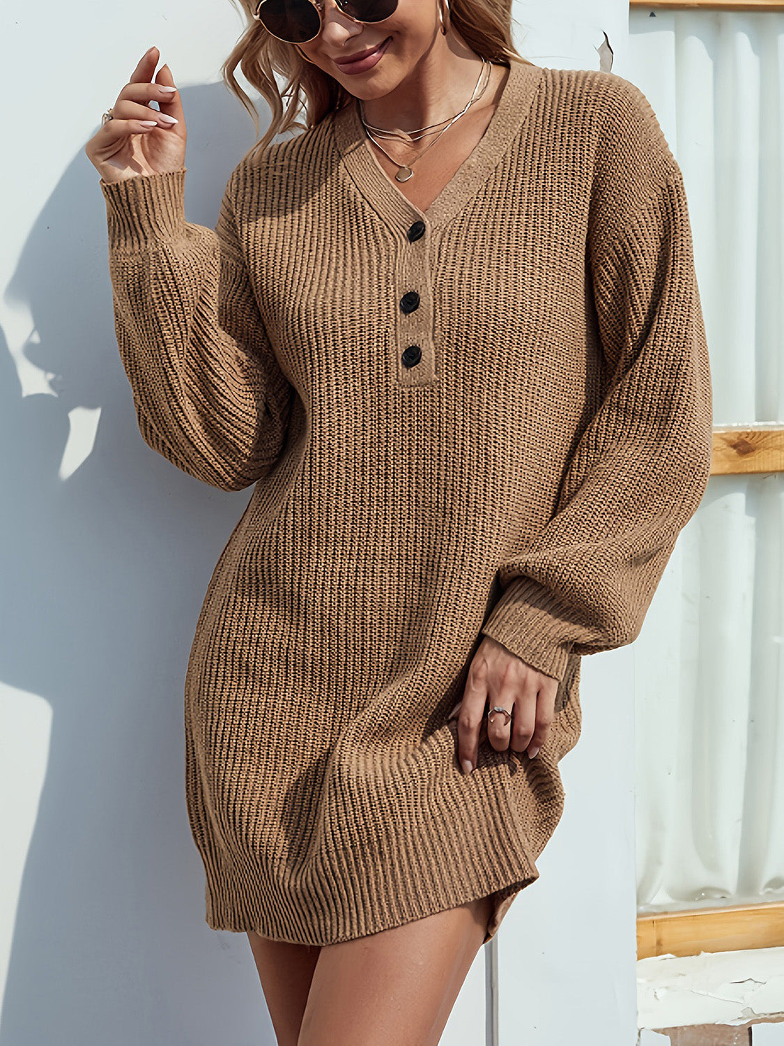 Camel ribbed knit mini dress with button front and v-neck