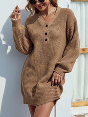 Camel ribbed knit mini dress with button front and v-neck