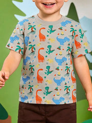 Toddler crew-neck t-shirt in grey with a colorful dinosaur and palm tree print.