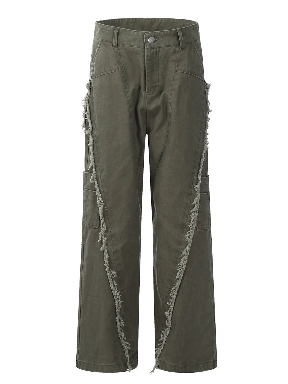 Army green wide-leg sweatpants with distressed fringe detail on the sides.
