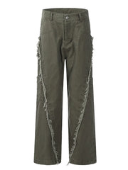 Army green wide-leg sweatpants with distressed fringe detail on the sides.