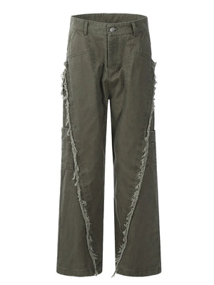 Army green wide-leg sweatpants with distressed fringe detail on the sides.