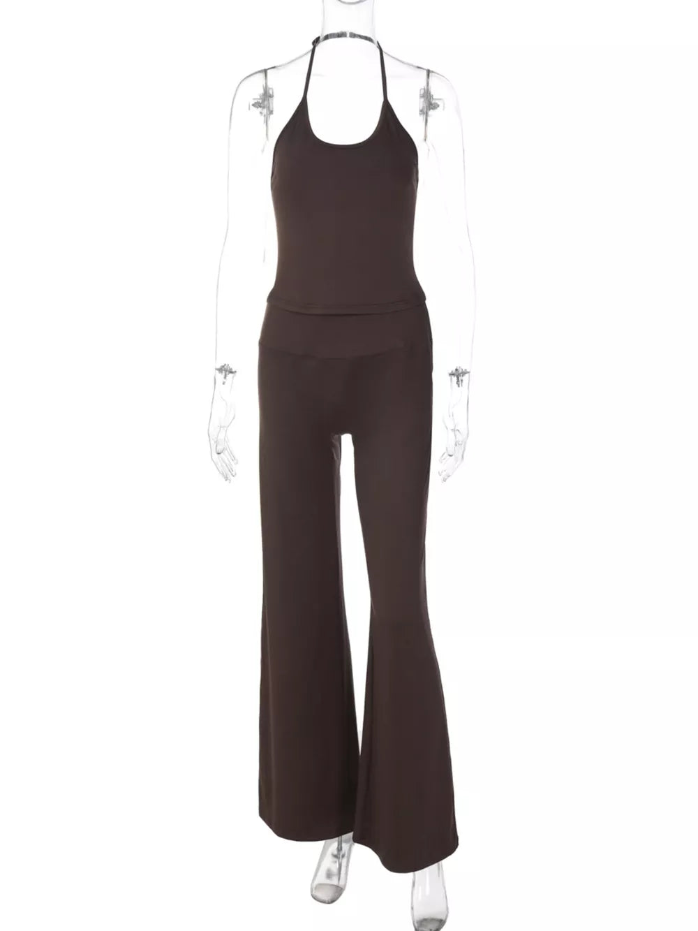 Brown halter crop top and wide-leg pants set