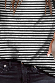 Black and white striped tank top with contrast trim detail
