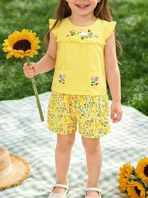 Yellow cotton toddler girls' undershirt set with floral embroidery and bunny print shorts.