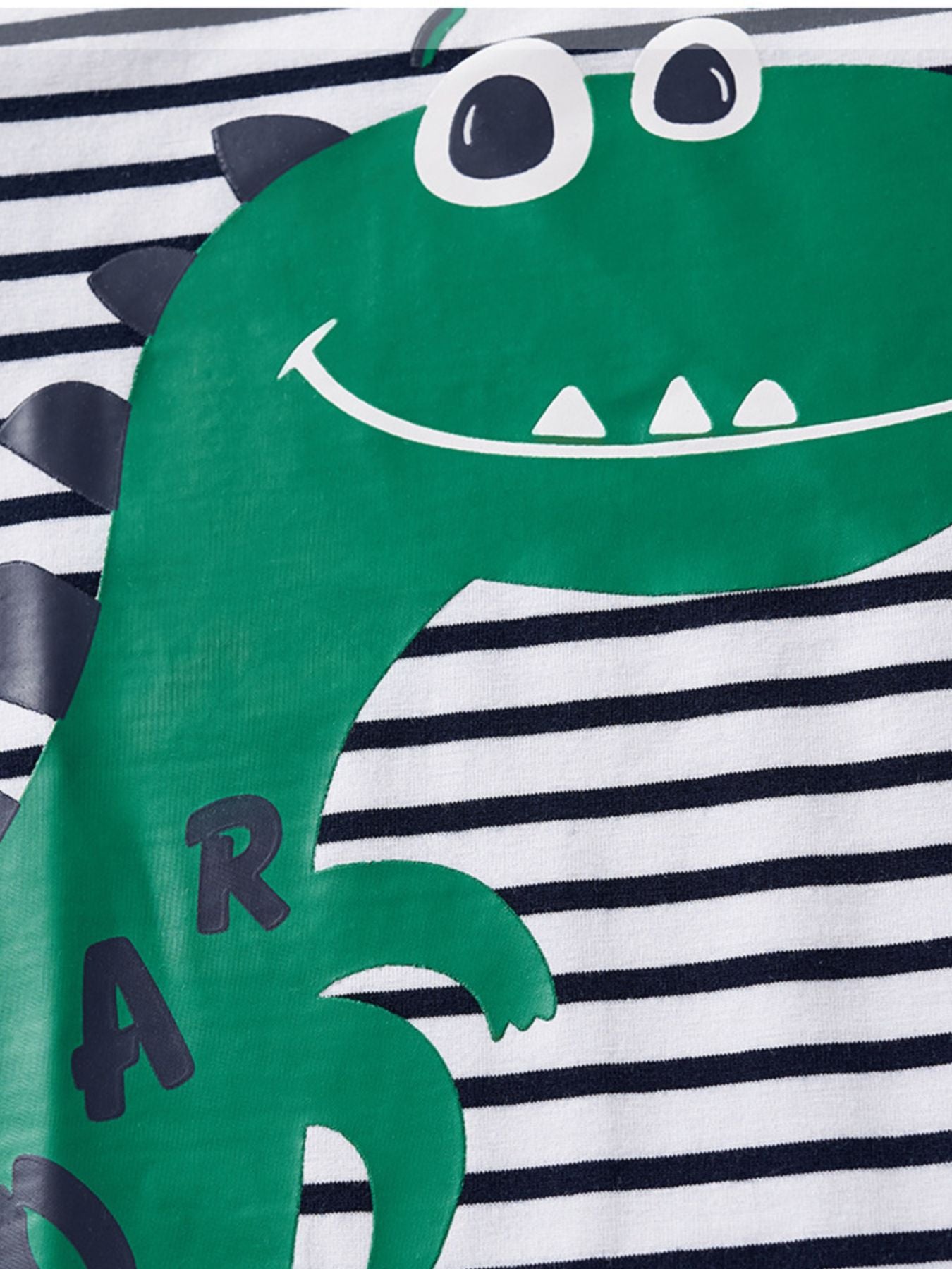 Toddler cotton t-shirt with green dinosaur print on navy and white stripes.