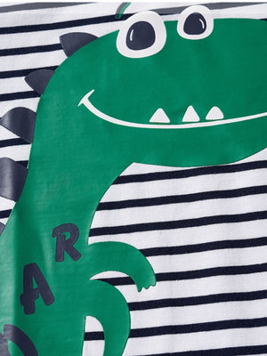 Toddler cotton t-shirt with green dinosaur print on navy and white stripes.
