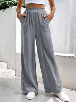 Gray relaxed drape palazzo trousers with pockets and elastic waist