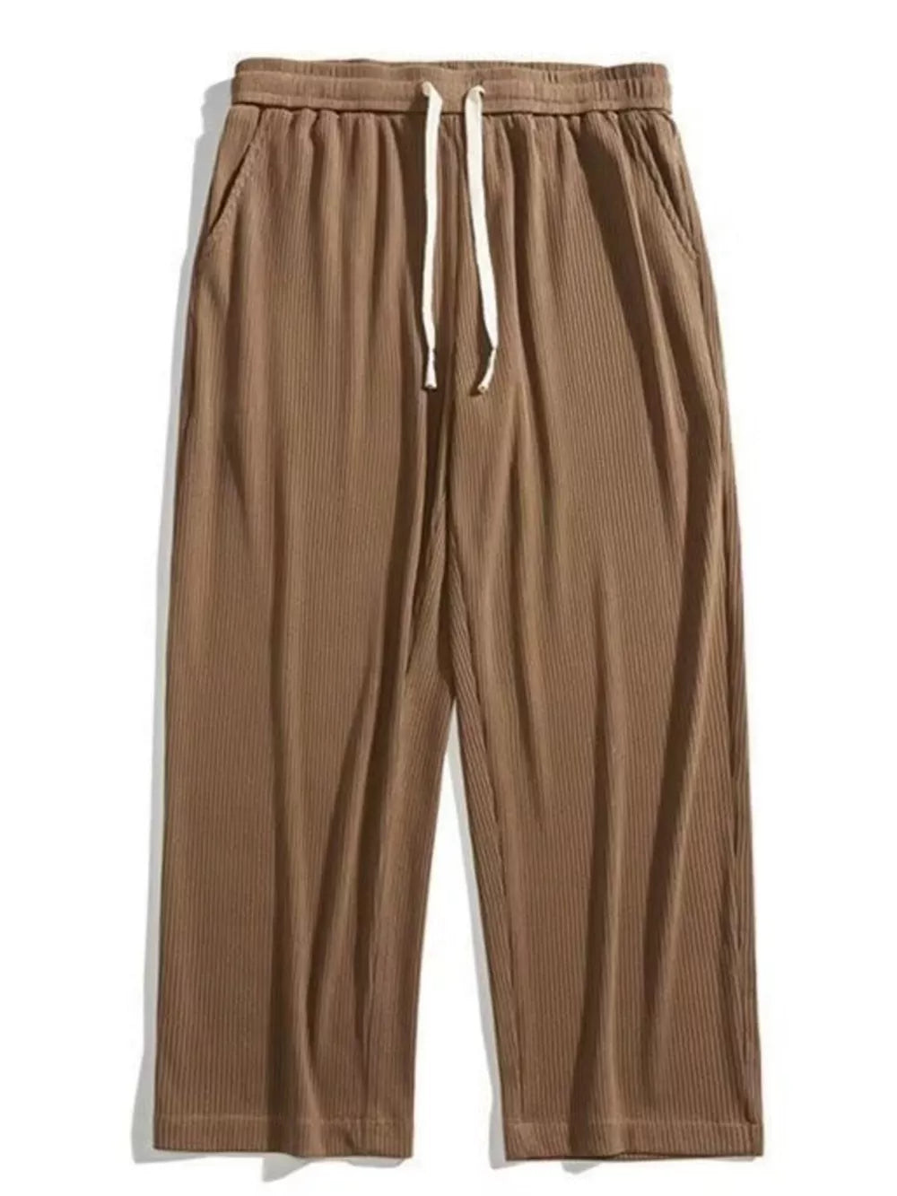 Brown ribbed drawstring wide leg sweatpants with pockets.