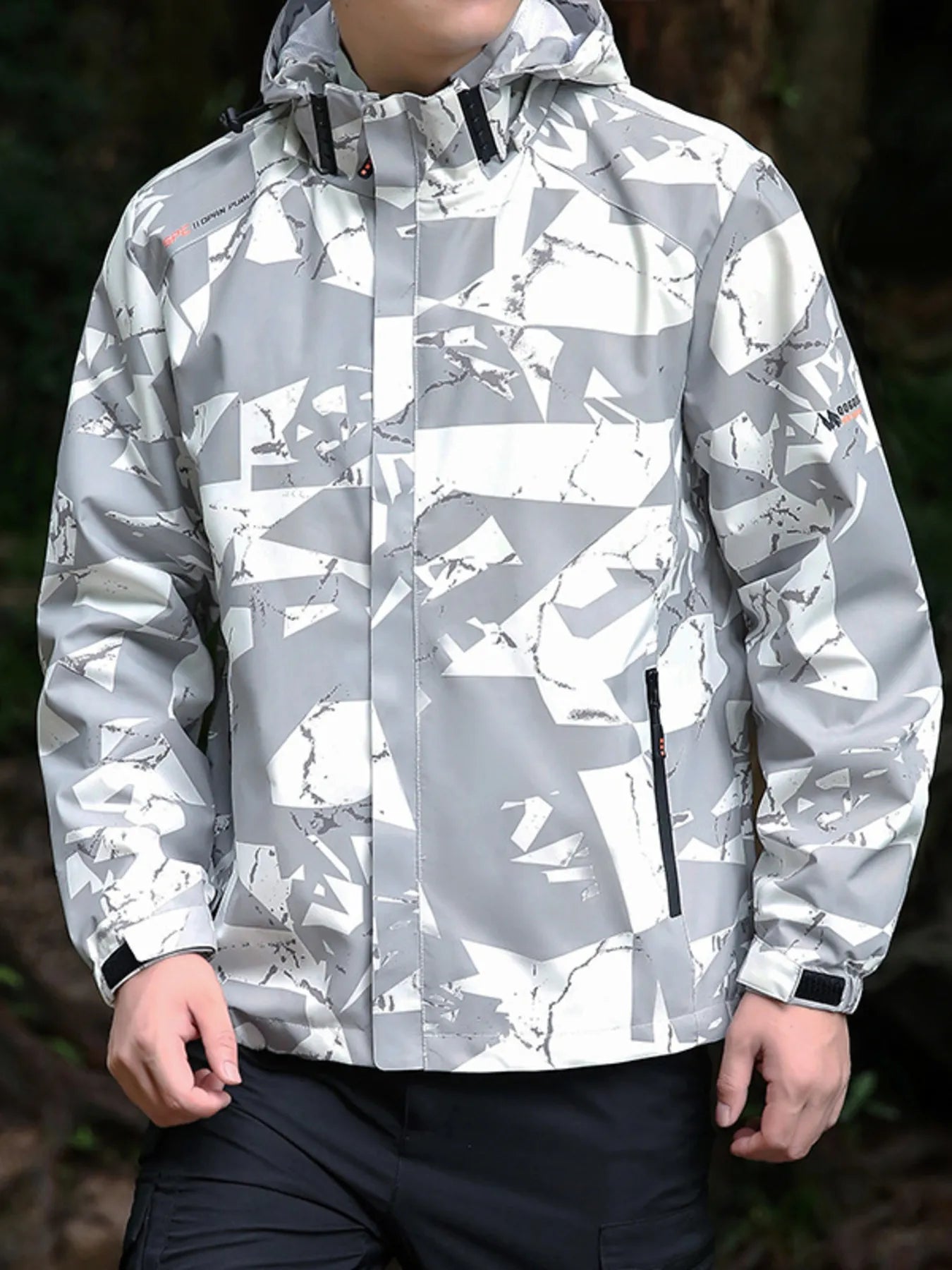 Plus-size windbreaker jacket in white and gray abstract pattern with zip pockets and adjustable cuffs.