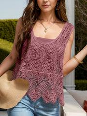Deep purple lace overlay sleeveless cover-up with a square neckline and scalloped hem.