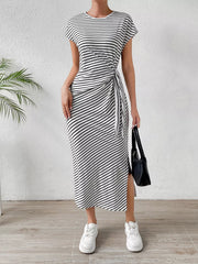 Elegant Striped Midi Dress With Tie Detail