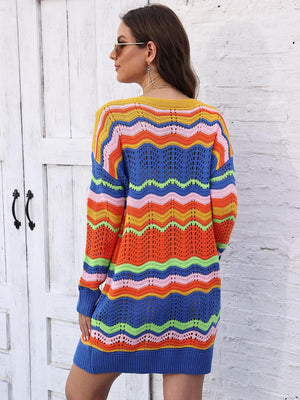 Chevron stripe knit mini dress with crochet details in multicolor acrylic.