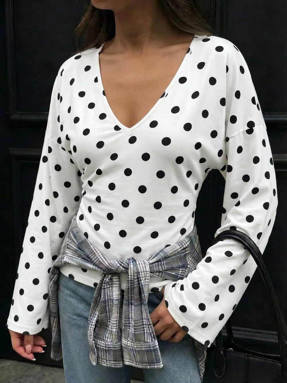 Polka Dot V-neck Long Sleeve T-shirt in Black, front view