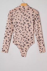 Mock Neck Sheer Mesh Leopard Bodysuit in Khaki, product detail