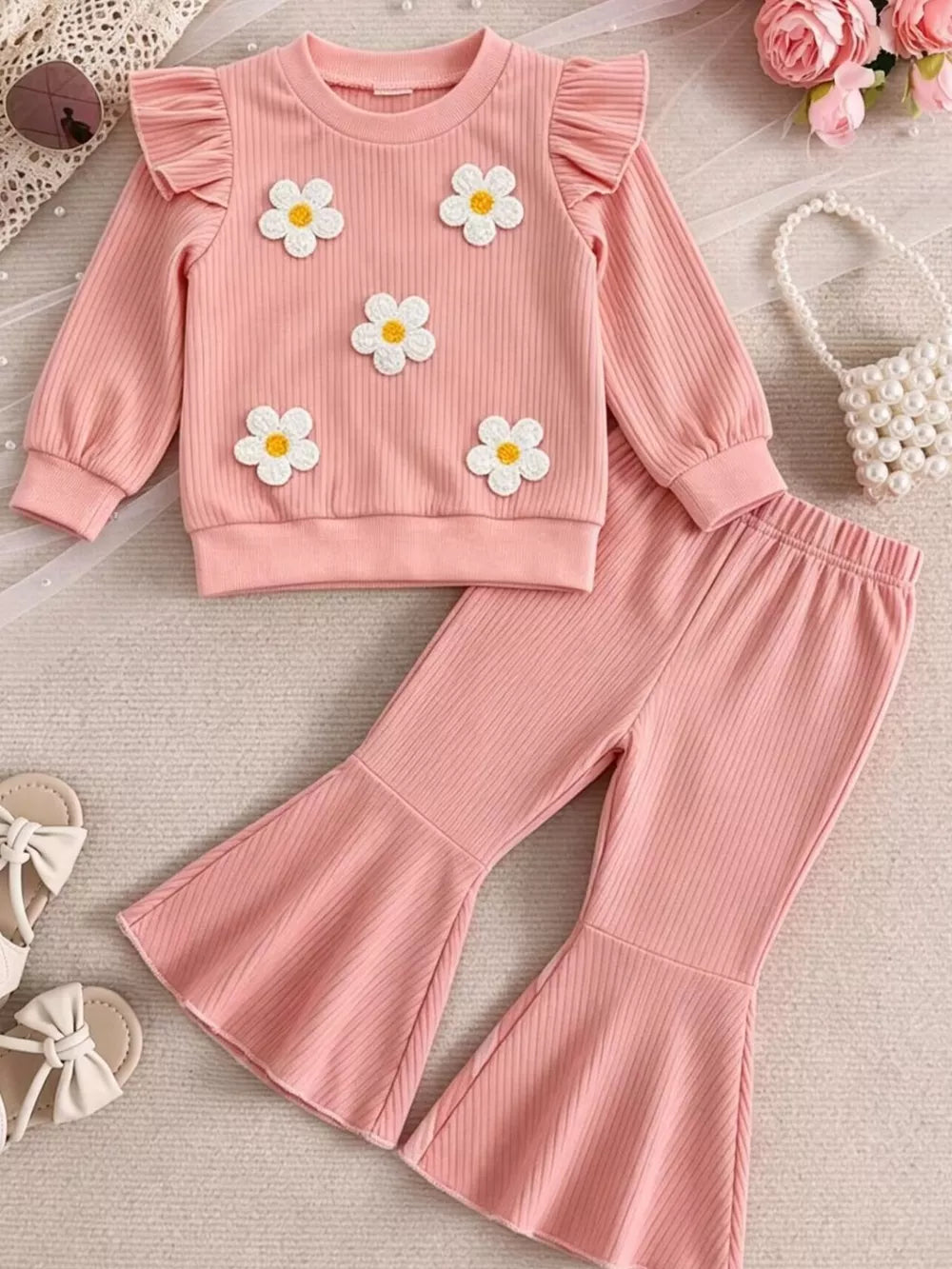 Children's Daisy Ruffled Ribbed Top & Flare Pants Set in Pink, side view