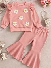 Children's Daisy Ruffled Ribbed Top & Flare Pants Set in Pink, side view