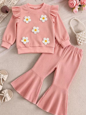 Children's Daisy Ruffled Ribbed Top & Flare Pants Set in Pink, side view