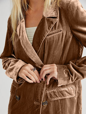 Camel velvet double-breasted blazer with patch pockets and button closure.
