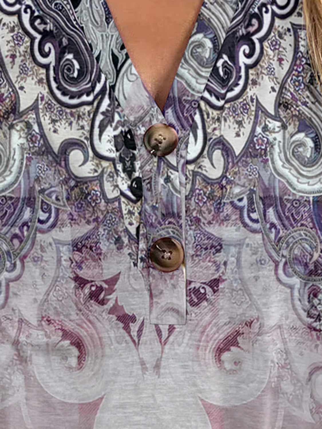 Bohemian tapestry henley blouse with paisley print and button detail in pink purple.