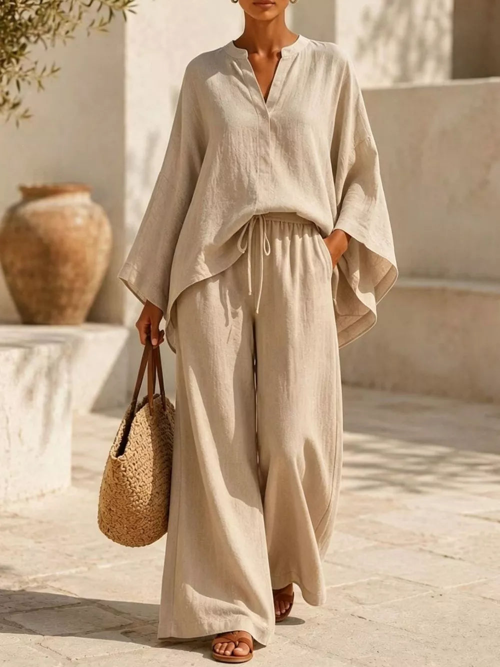 Notched Long Sleeve Top And Wide-leg Pants Set in White, front view