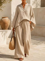 Notched Long Sleeve Top And Wide-leg Pants Set in White, front view