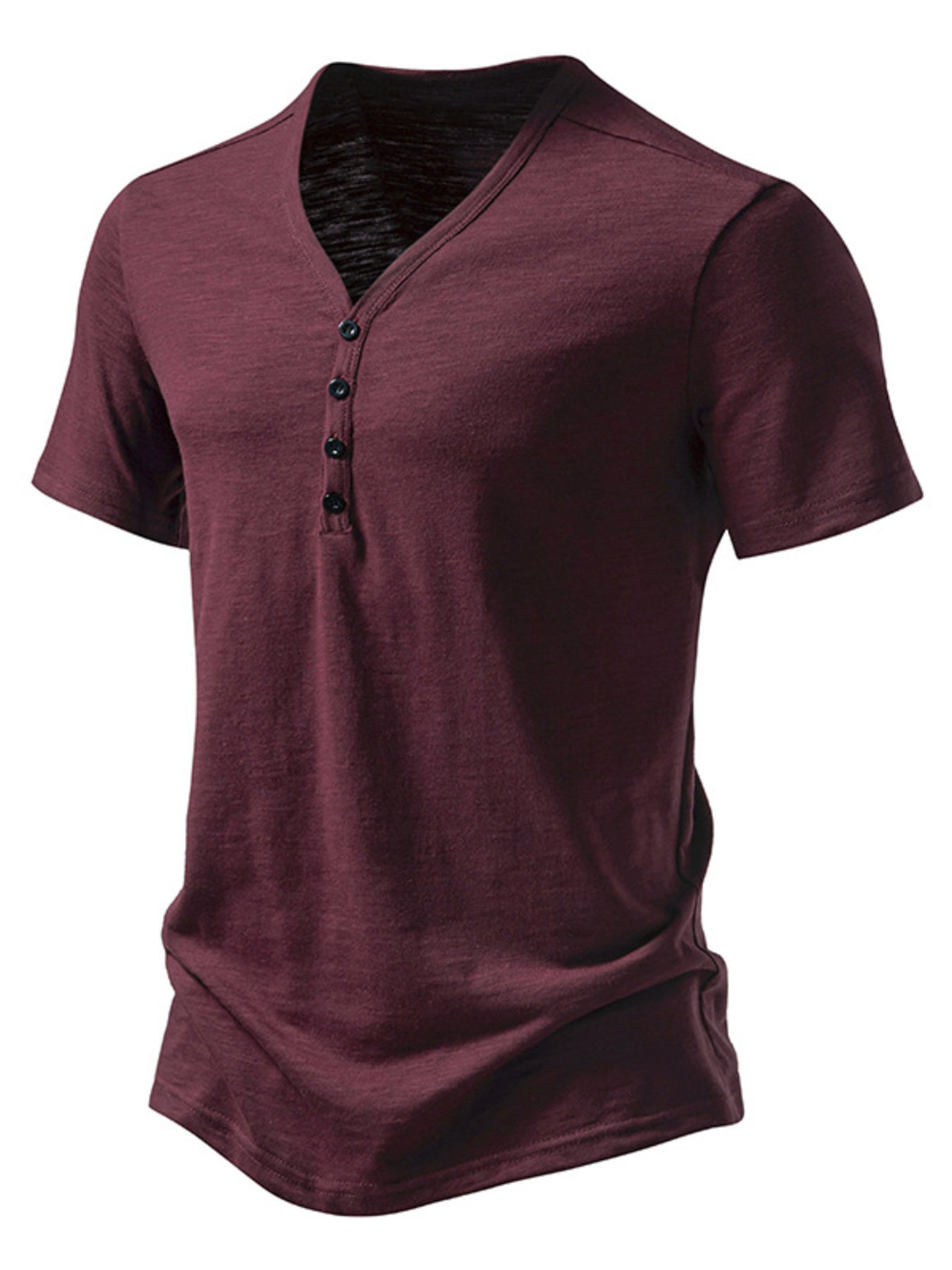 Men's burgundy cotton blend t-shirt with button placket and curved hem