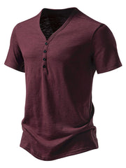 Men's burgundy cotton blend t-shirt with button placket and curved hem