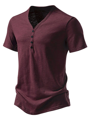 Men's burgundy cotton blend t-shirt with button placket and curved hem
