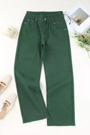Green cotton straight-leg jeans with crossed v-waist and raw hem