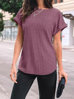 Purple red ribbed knit t-shirt with cuffed short sleeves and a scoop neckline.