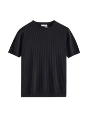 Black ribbed knit t-shirt for men with short sleeves and crew neck.