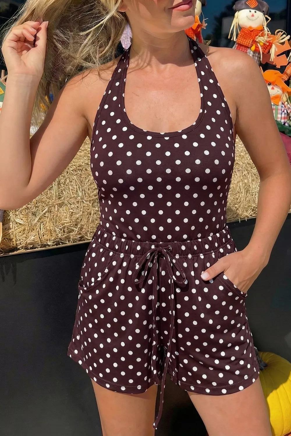 Brown polka dot halter two-piece set with drawstring shorts and pockets.