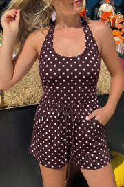 Brown polka dot halter two-piece set with drawstring shorts and pockets.