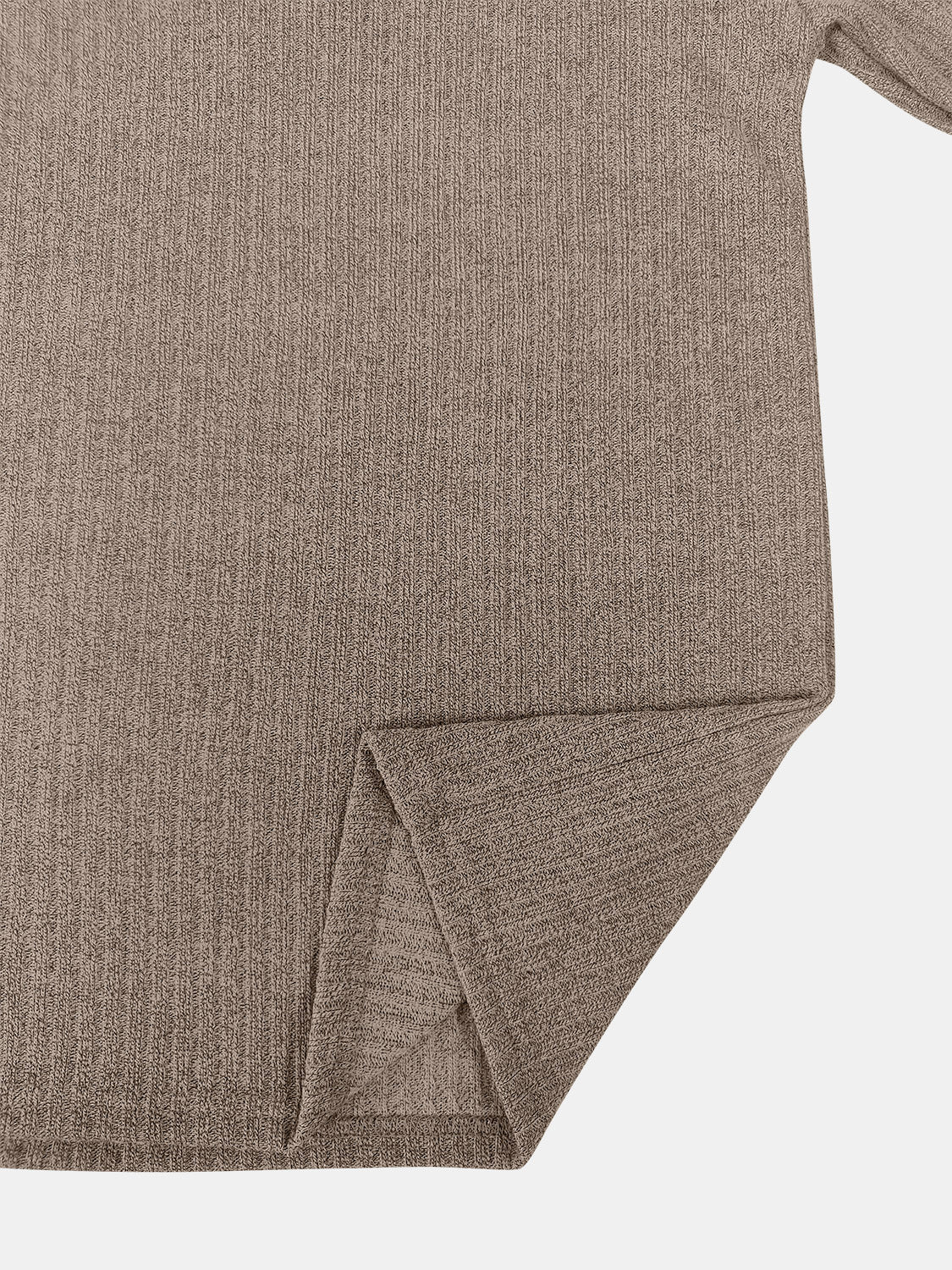Taupe ribbed knit pullover sweater with side slit detail