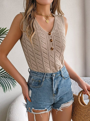 Tan openwork knit button-down tank top with a V-neck and diamond pattern.