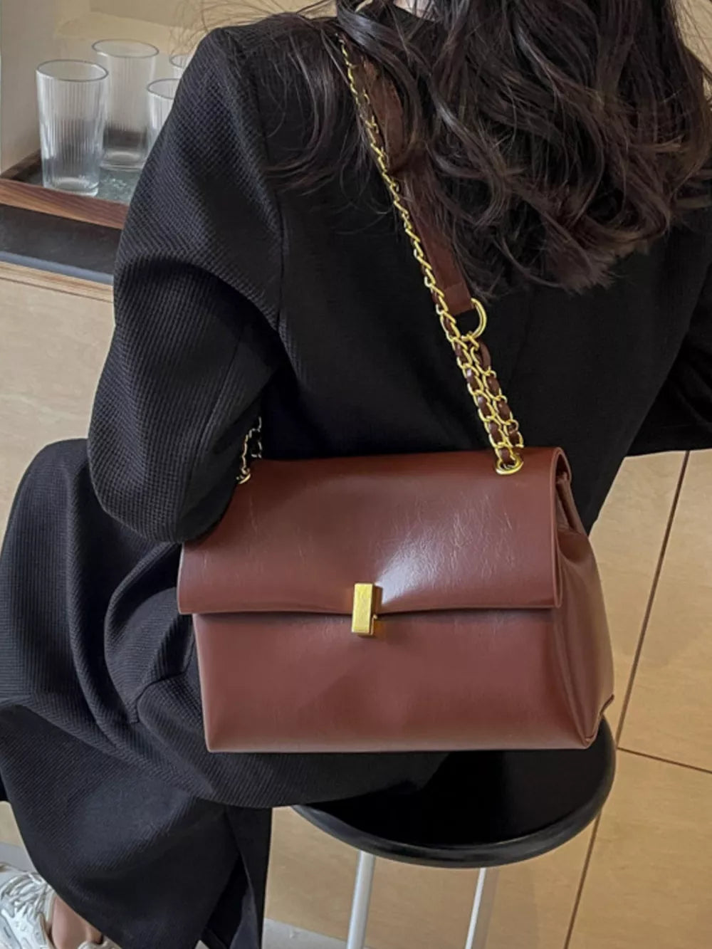 Chain Strap Shoulder Bag in Brown, back view