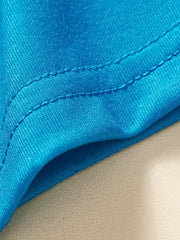 Blue crew neck t-shirt with double stitched seams