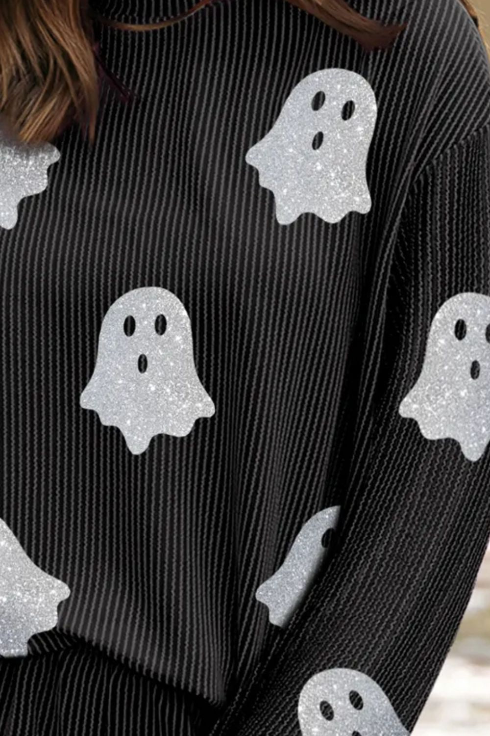 Black pleated loungewear top with allover glitter ghost print.